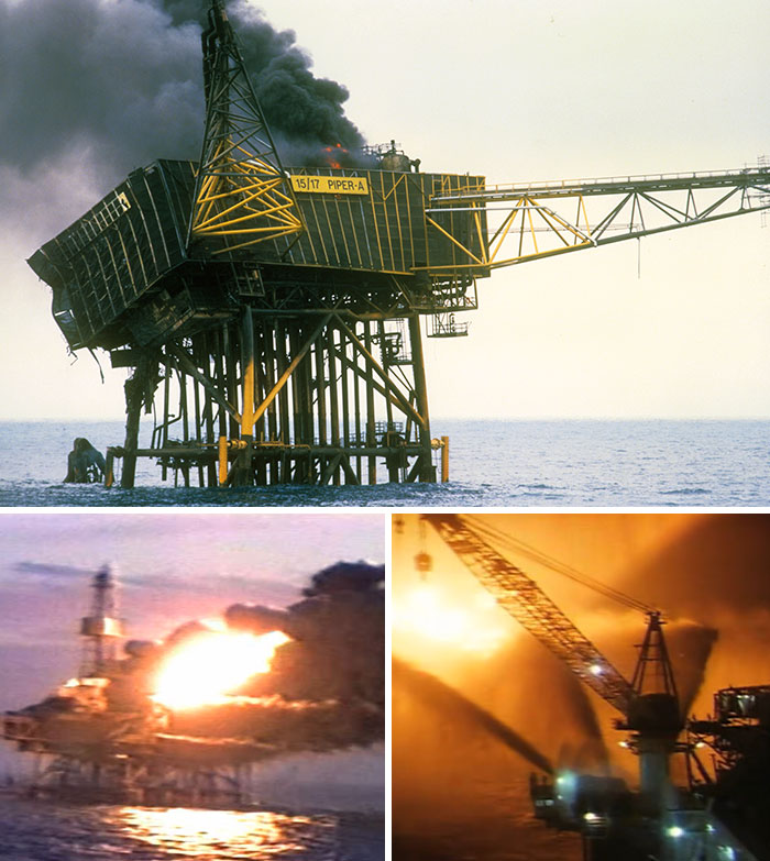An offshore oil rig on fire, illustrating industrial rookie mistakes that transformed into tragedies.