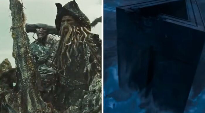 A split image for the Popular Fiction And Movies Would You Rather Poll, showing Davy Jones and a dark ship.
