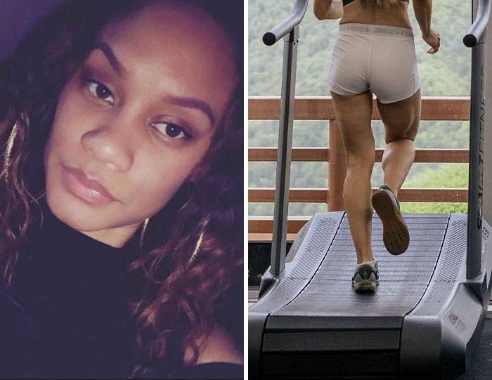 A split image of a woman's face and a person running on a treadmill, related to bizarre accidents.