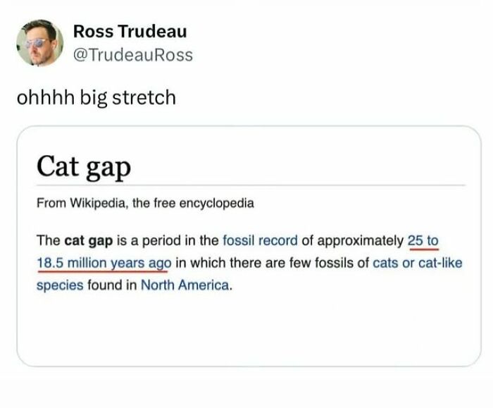 Entertaining cat memes: Screenshot explaining the cat gap period in the fossil record.