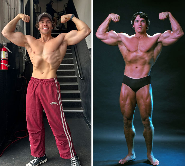 Joseph Baena and famous dad Arnold Schwarzenegger, a dad-son duo posing like clones, showing off their muscular physiques.