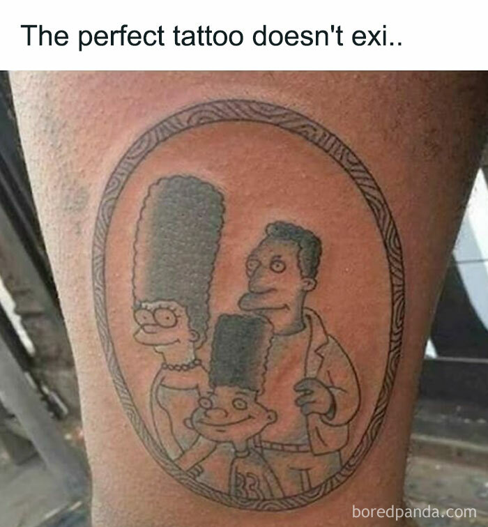 A hilarious tattoo fail showing a blend of The Simpsons and Hey Arnold! characters within an oval frame, making a funny tattoo.