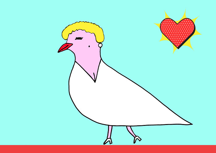An adorable dove character with a blonde bob, wearing a white dress, walking, with a red heart icon above its head.