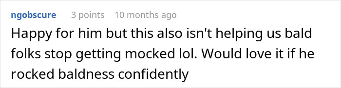 A Reddit user comment discussing John Cena's hair transplant, lamenting its impact on bald individuals.