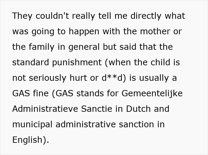 A screenshot of text discussing the possible punishment for the mother's parenting fail, likely a GAS fine. A screenshot of text discussing the possible punishment for the mother's parenting fail, likely a GAS fine.
