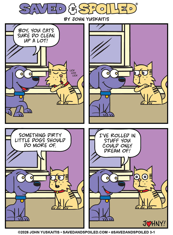 Dog and cat debate cleanliness in dog and cat comics