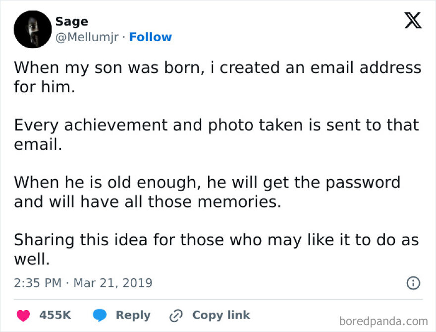 Emotional tweet meme about creating an email for son's memories in funny memes