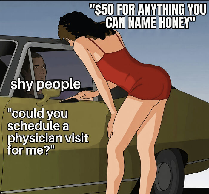 A blursed meme depicting a shy person asking for a physician visit from someone offering anything for $50.