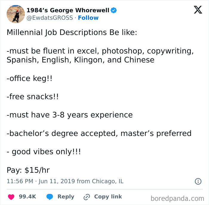 Millennial job descriptions with high demands and low pay detailed in tweet