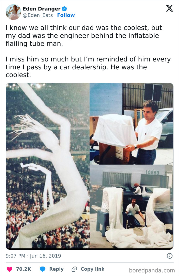 A split image of amazing fathers, featuring a father with his inflatable tube man invention and a group of tube men at an event.