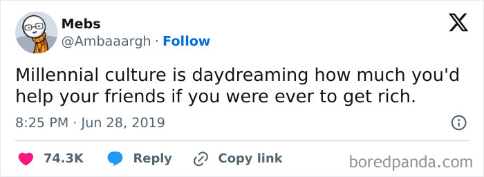 Tweet about millennial culture daydreaming about helping rich friends