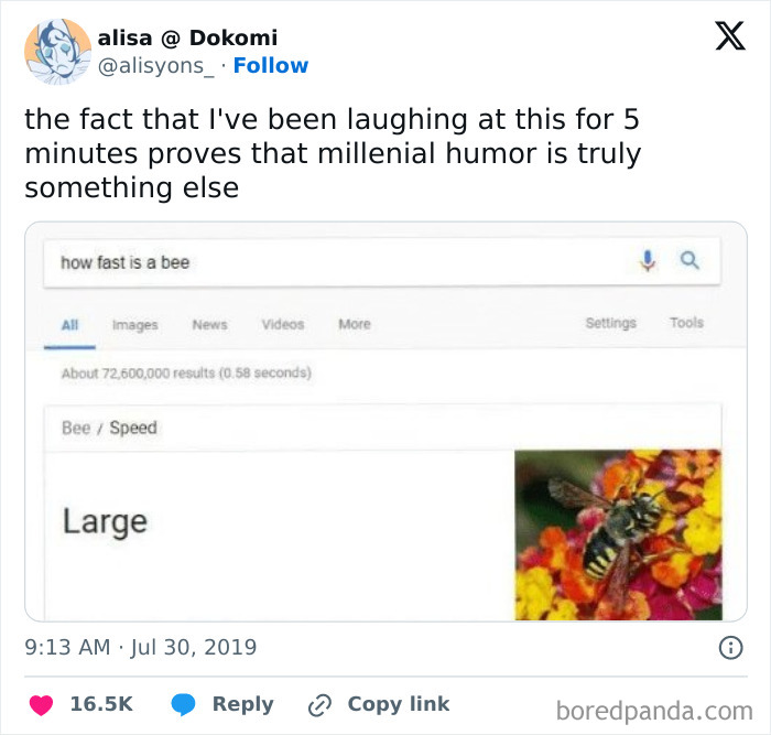 Millennial humor joke about bee speed showing large as answer on screen