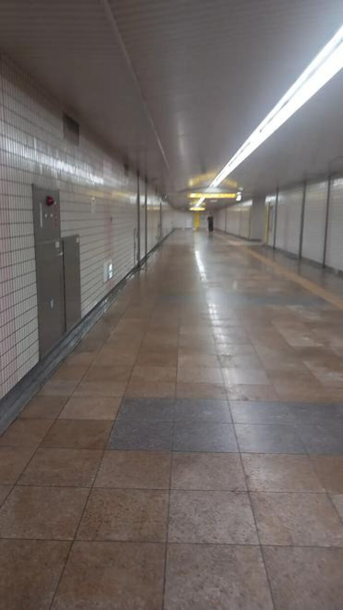Long, deserted subway tunnel with a distant figure, creating a haunting liminal space.