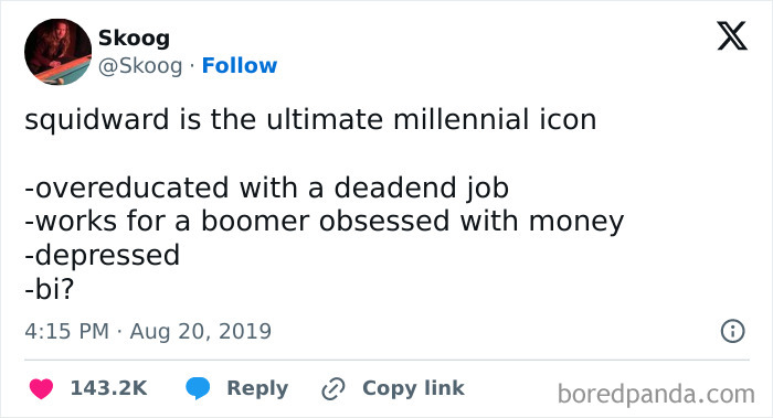 Squidward labeled ultimate millennial icon with deadend job in tweet