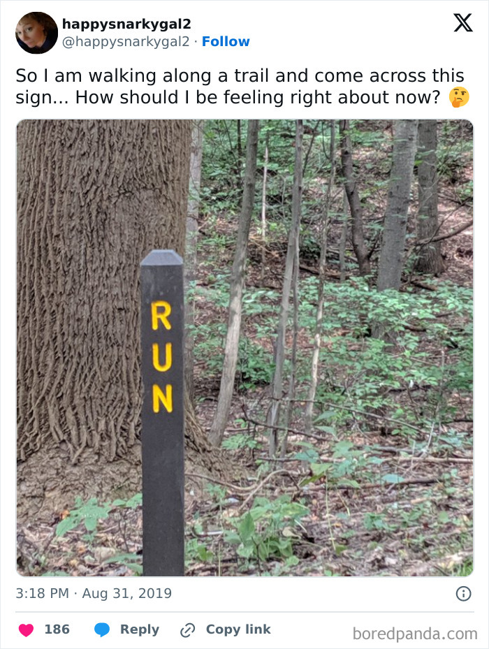 A black post with the word RUN in yellow, serving as a funny sign on a trail in a forest.
