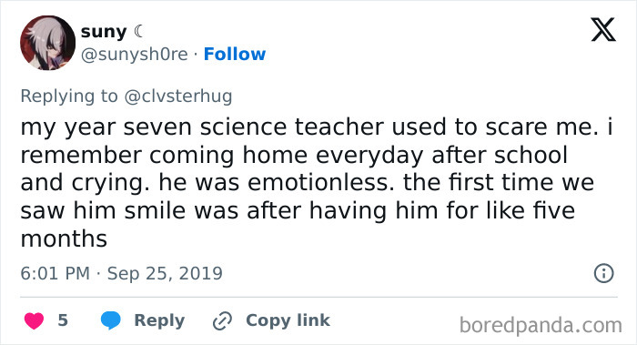 A tweet from a student about an annoying teacher who was emotionless and scary for five months.