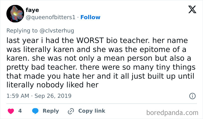 A social media post from a student detailing a toxic and annoying teacher who was a bad bio teacher.