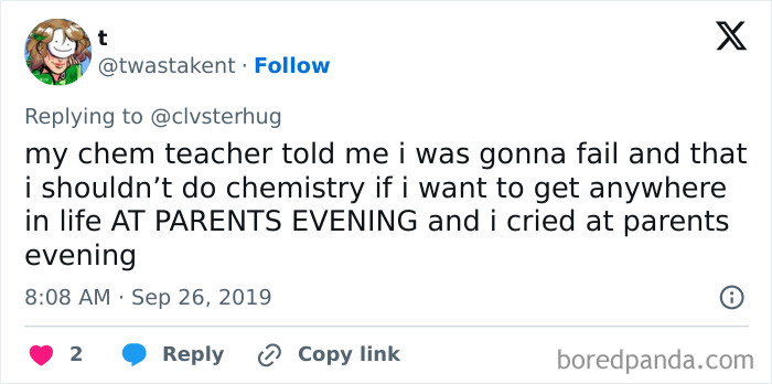 A tweet about a toxic teacher telling a student they would fail chemistry at parents evening.