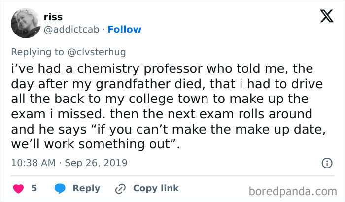 A tweet about a chemistry professor who made a student drive to take an exam after their grandfather died.