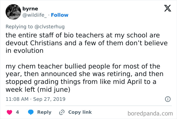 A tweet describing toxic teachers, some not believing in evolution, and a chem teacher who bullied students.