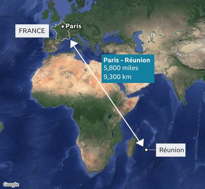 A map showing the distance between Paris, France and Reunion, highlighting true facts and amazing facts.