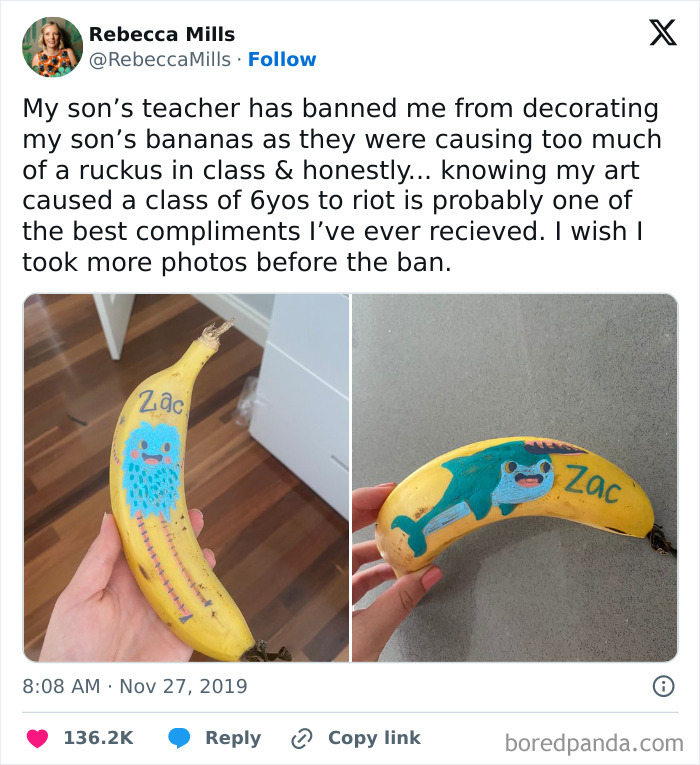 A parent shares images of creative banana art banned by an annoying teacher, highlighting a toxic teacher.
