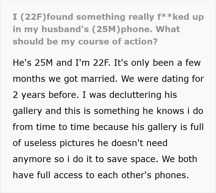 Text post about finding disturbing content in husband's phone
