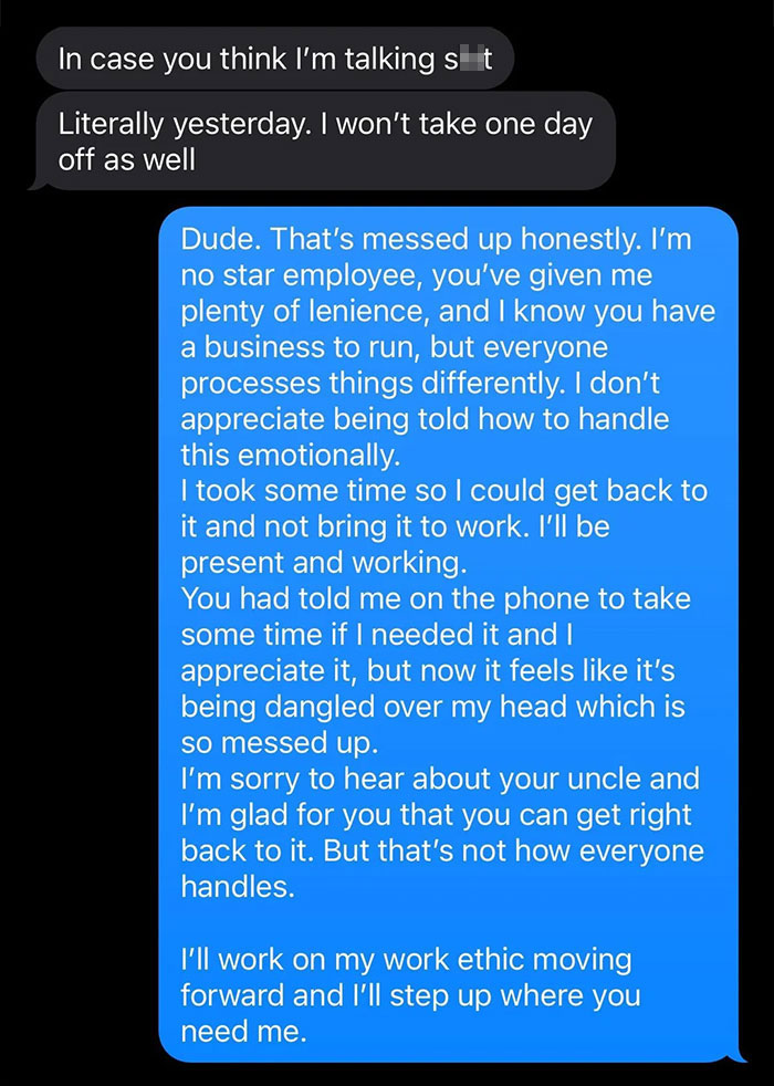 Text message exchange showing employee responding to boss about emotional handling at work Text message exchange showing employee responding to boss about emotional handling at work