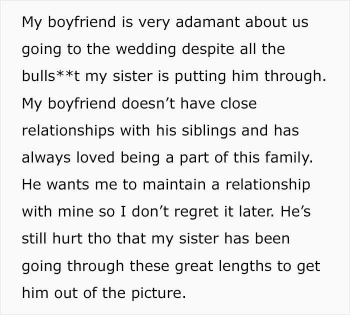 Boyfriend adamant about attending wedding despite sister drama and relationship strain Boyfriend adamant about attending wedding despite sister drama and relationship strain