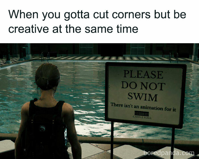 Gamer character ignoring swim rules due to missing animation in video game