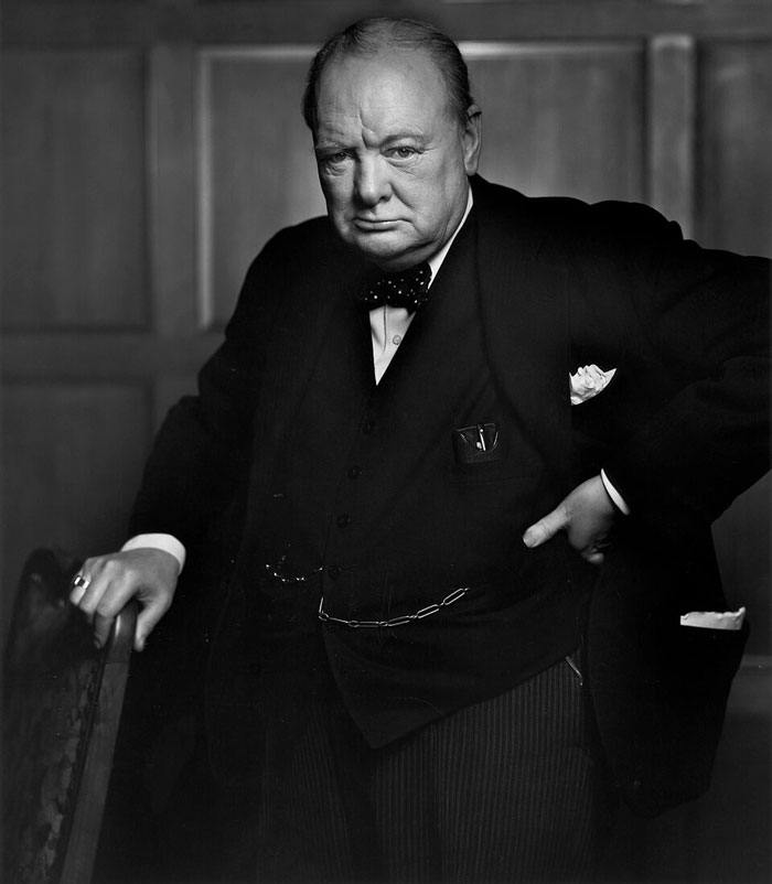 Black and white portrait of Winston Churchill, a romanticized historical figure