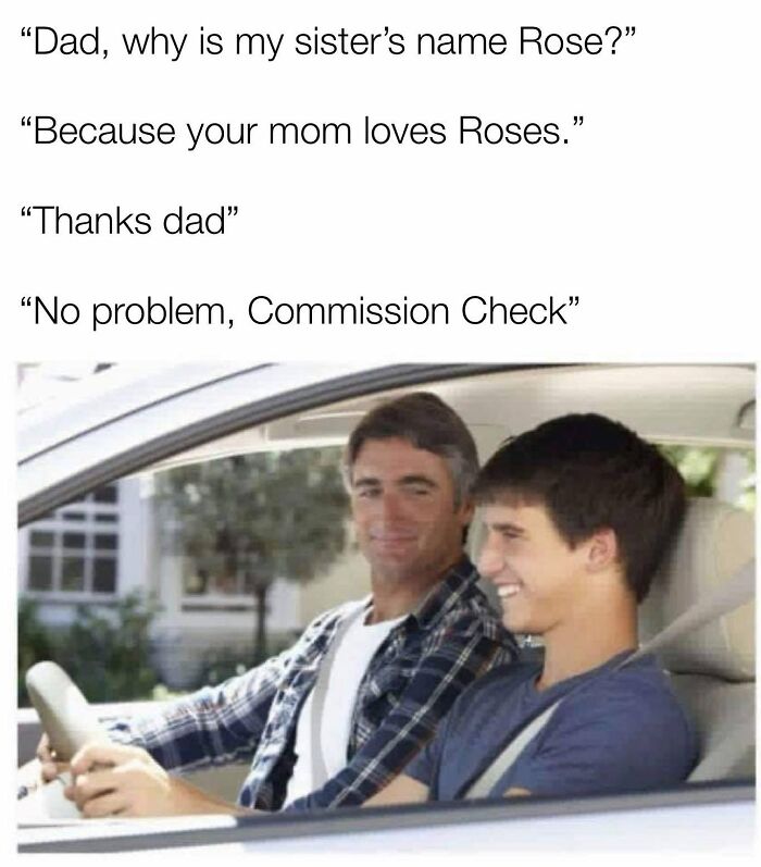 Father and son smiling in car with sales commission joke