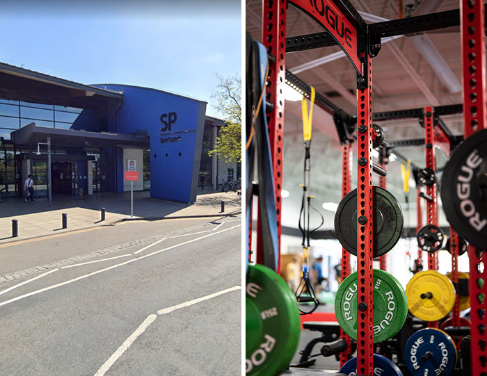 A split image of a sports complex exterior and an interior shot of gym equipment, representing bizarre accidents.
