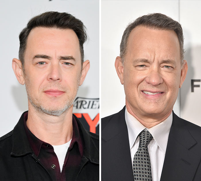 Colin Hanks and famous dad Tom Hanks, a dad-son duo looking like clones in a split image, highlighting their similar facial expressions.