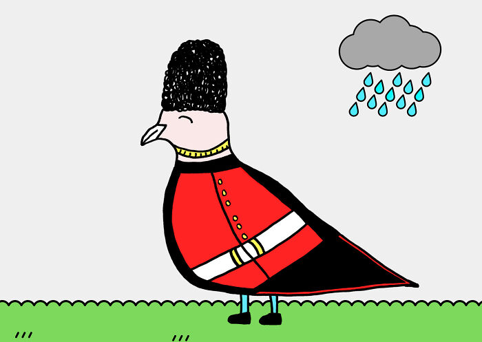 An adorable cartoon dove dressed as a British royal guard under a small rain cloud, on green grass.