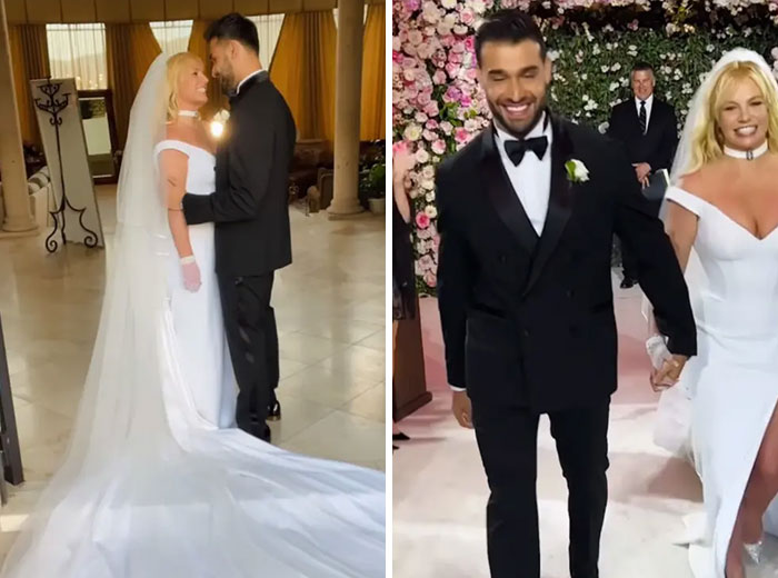 Britney Spears, a pop icon, stuns in her celebrity wedding dresses, showcasing two different elegant gowns with her husband, highlighting her wedding style.