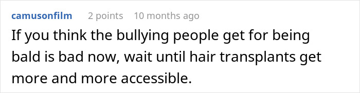Screenshot of a comment discussing the accessibility and impact of hair transplants.