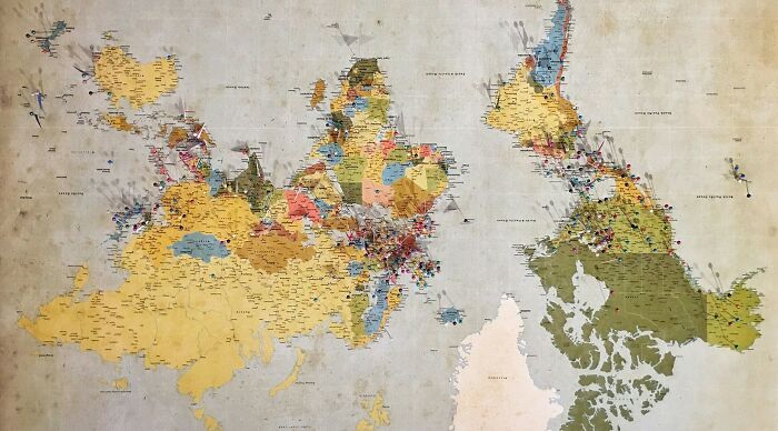 Rotated world map challenging geography skills with distorted country layouts Rotated world map challenging geography skills with distorted country layouts