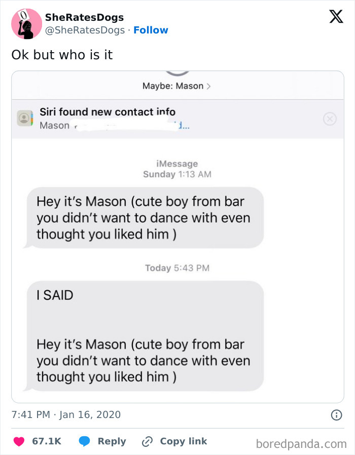Funny repeated text from Mason trying to remind about missed dance opportunity