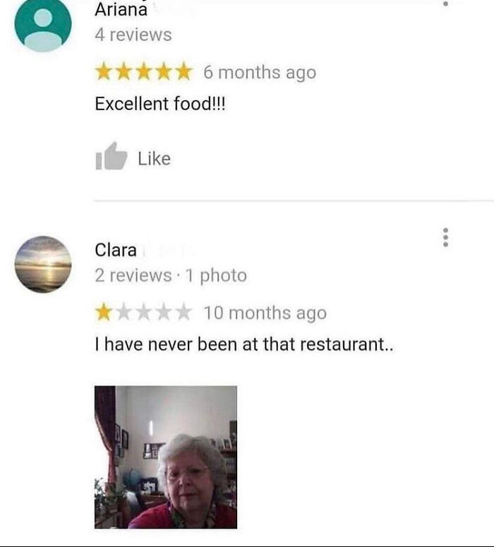 A blursed meme displaying two conflicting reviews: one excellent, the other saying the reviewer was never there.