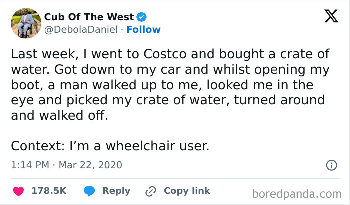 A tweet from Cub Of The West about someone stealing a crate of water from a wheelchair user, showing a lack of basic human decency.