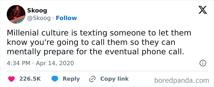Millennial culture text prepares for phone calls as harsh truth tweet