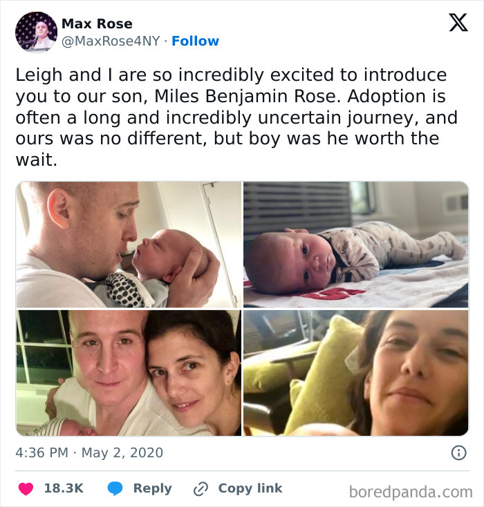 A tweet announcing the adoption of a son, Miles Benjamin Rose, with four photos of the family, sharing their adoption story.