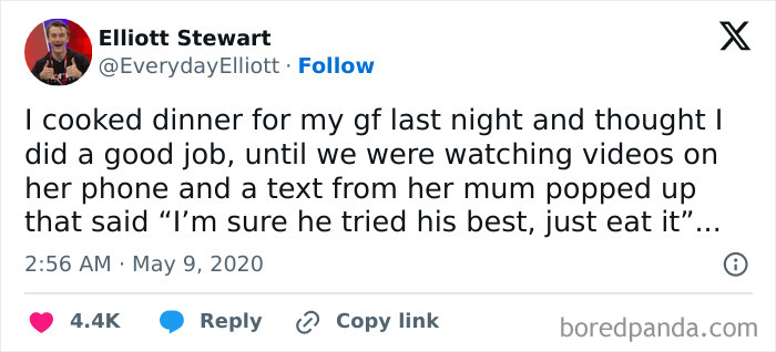 Tweet about cooking dinner and reading an awkward supportive text from girlfriend's mom