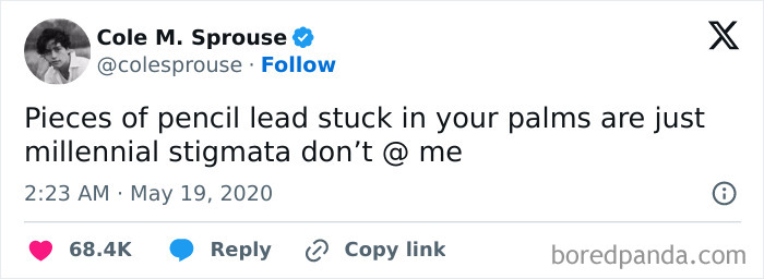 Tweet about pencil lead in palms as a millennial stigma