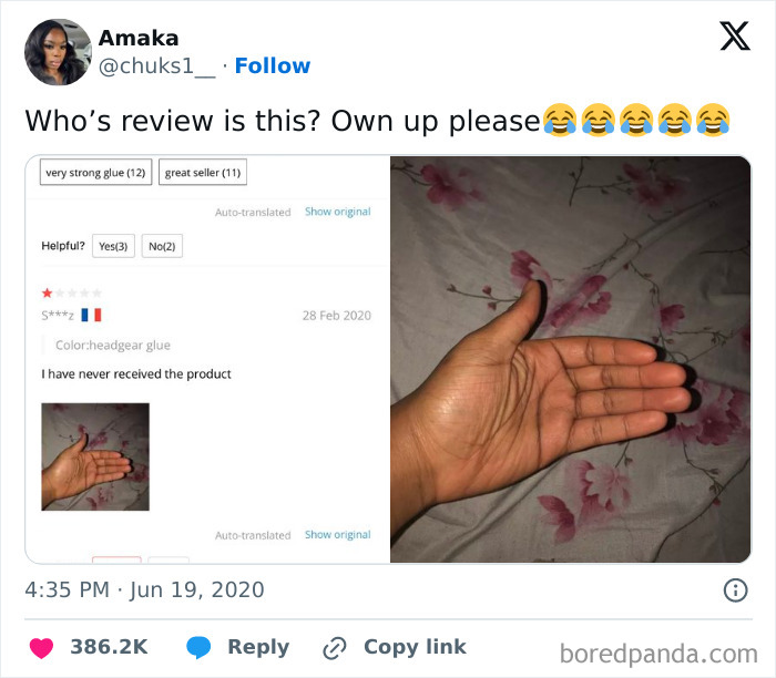 Screenshot of a funny online review with a customer saying I have never received the product and an image of an open palm.