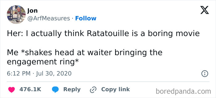 A funny cinephile tweet about rejecting an engagement over a boring movie opinion.