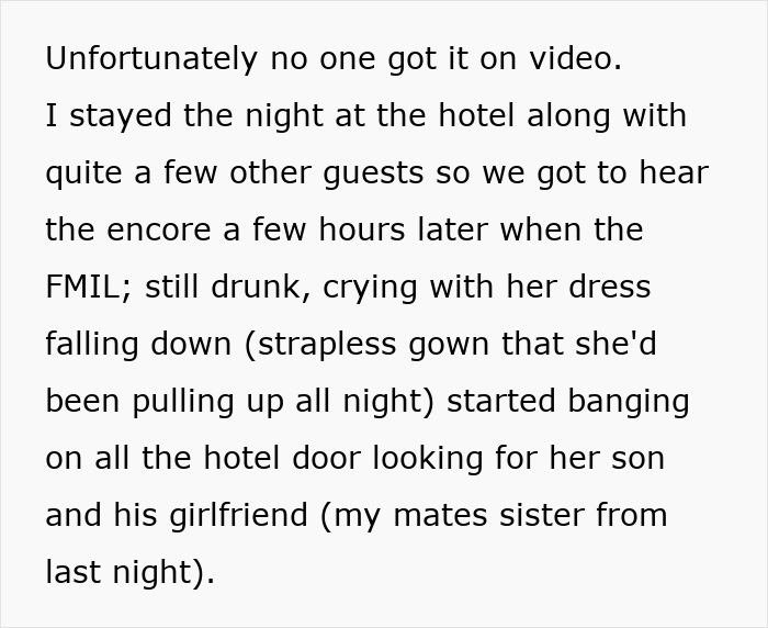 Text detailing the Woman's Drunken Tantrum, crying and banging on hotel doors, entertaining the hotel.