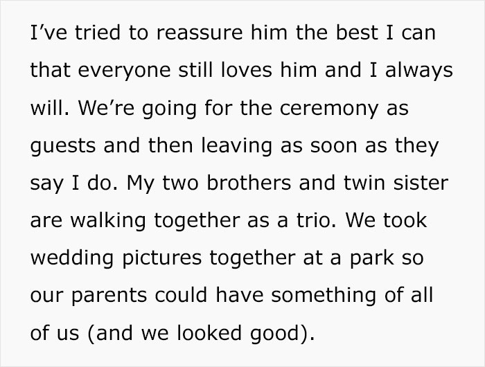 Reassuring boyfriend about attending wedding and family photos with siblings Reassuring boyfriend about attending wedding and family photos with siblings
