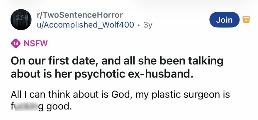Short spine-chilling story of a first date involving psychotic ex-husband